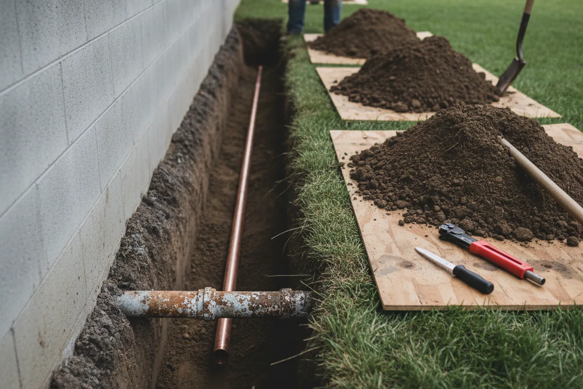 Excavated water line trench during Sewer Line Repair in Knightsen